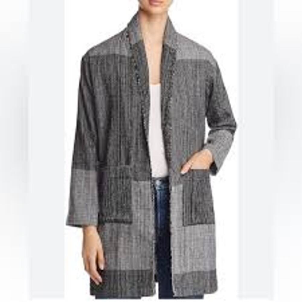Eileen Fisher Hazy Blocks 100% Organic Cotton Freyed Hem Open Cardigan Small/Med